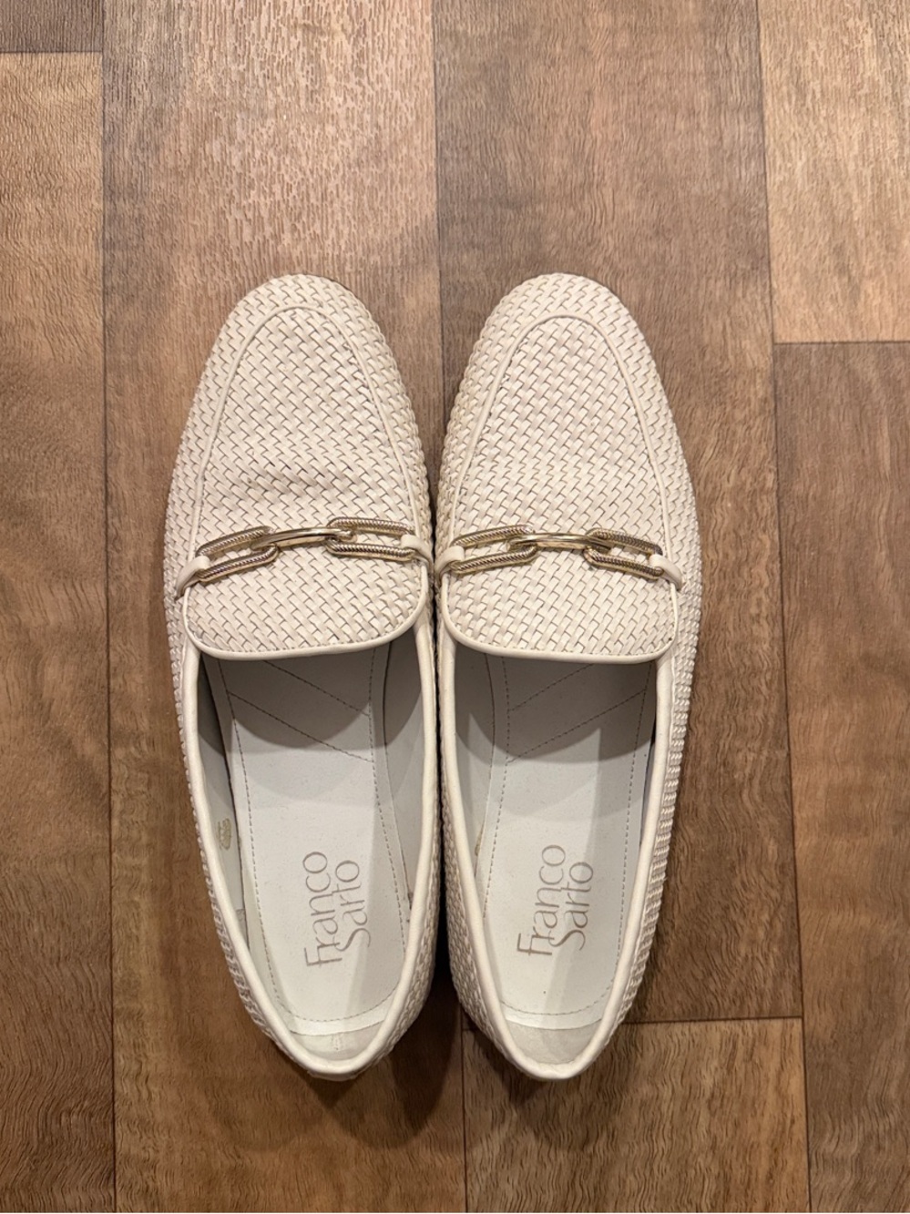 Franco Sarto Woven Cream Loafers with Gold Horsebit